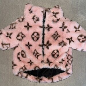 Pink Faux Fur Pup Jacket with Monogram Pattern